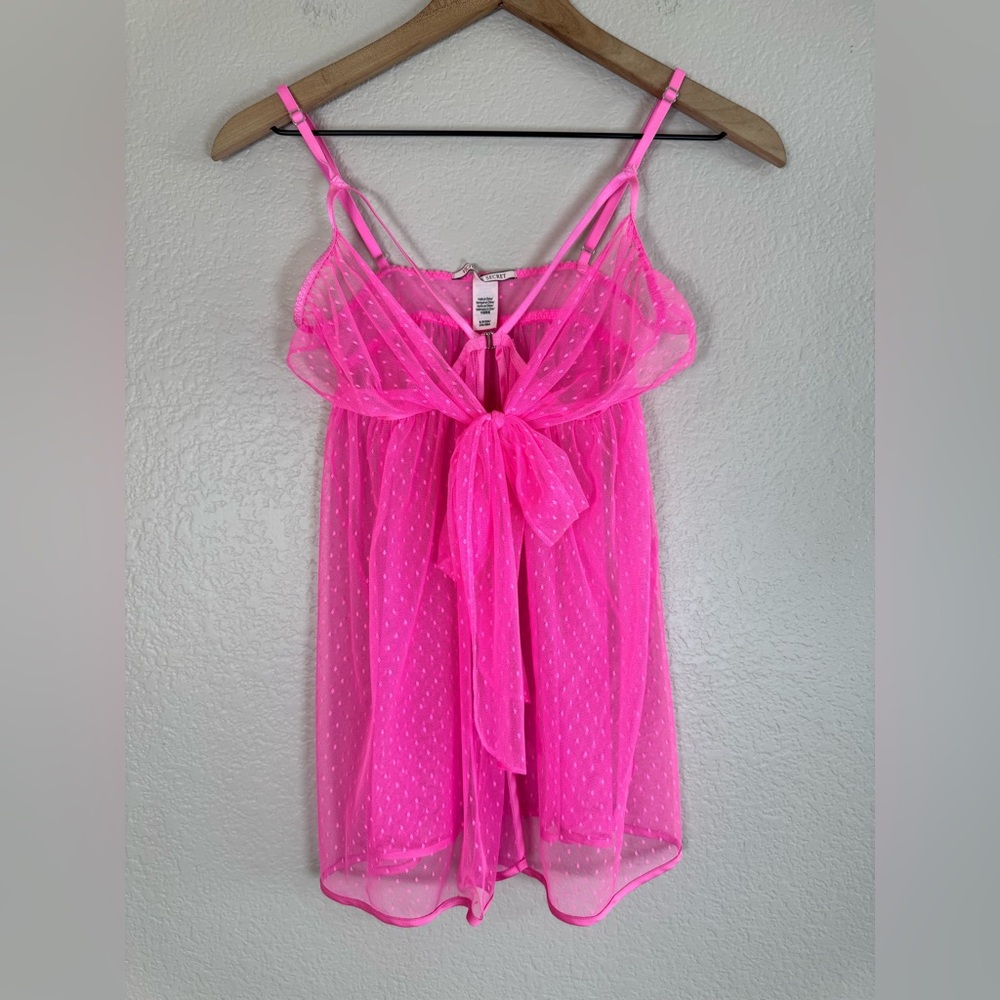 Victoria’s Secret Hot Pink Swiss Dot Sheer Mesh Babydoll Bow Tie Front $80 Small